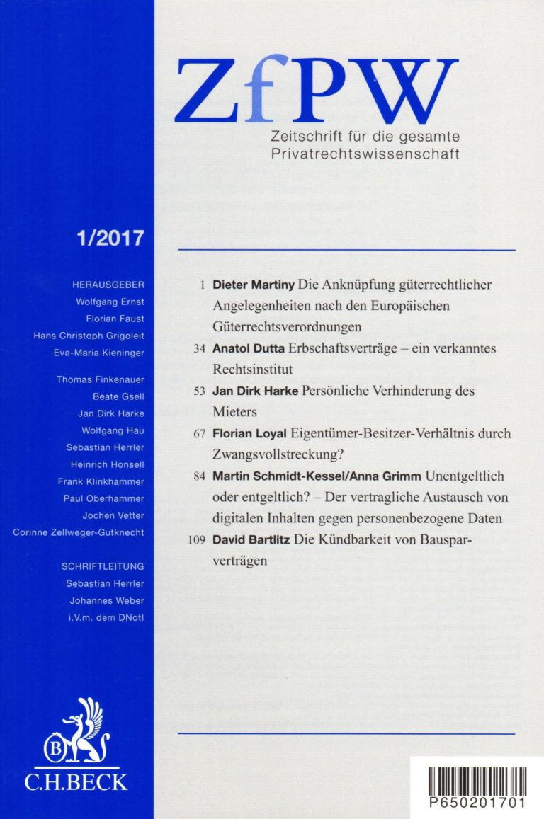 Soeben erschienen: Bartlitz, Die Kündbarkeit von Bausparverträgen, ZfPW 2017, S. 109 ff.