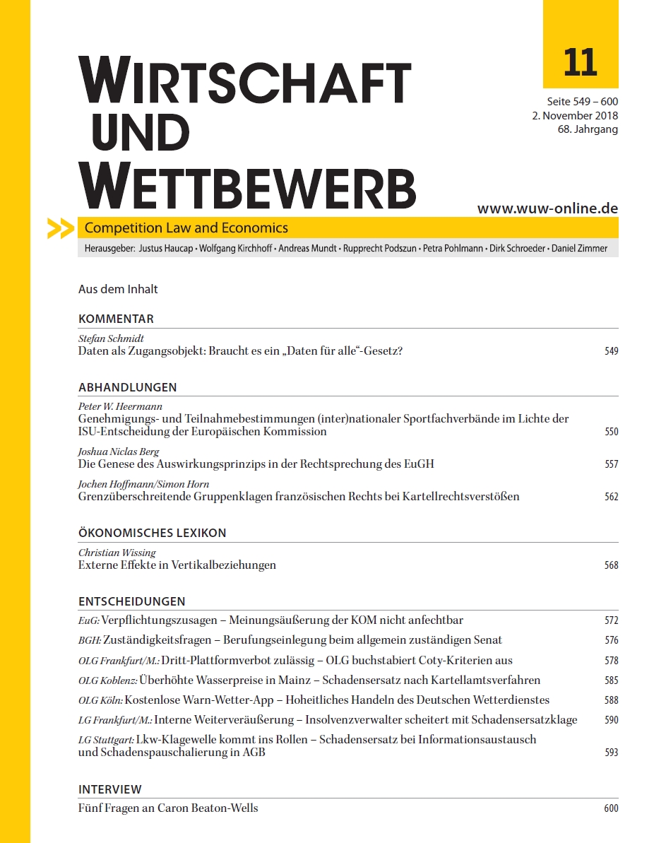 Zum Artikel "Neue Publikation: Jochen Hoffmann/Simon Horn – Grenzüberschreitende Gruppenklagen französischen Rechts bei Kartellrechtsverstößen, WuW 2018, S. 562 ff"