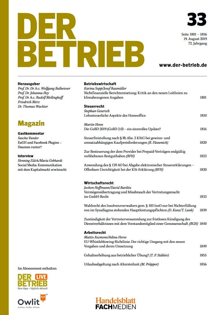 Just published: Hoffmann/Bartlitz, Vermögensübertragung und Missbrauch der Vertretungsmacht im GmbH-Recht, DB 2019, S. 1833 ff.