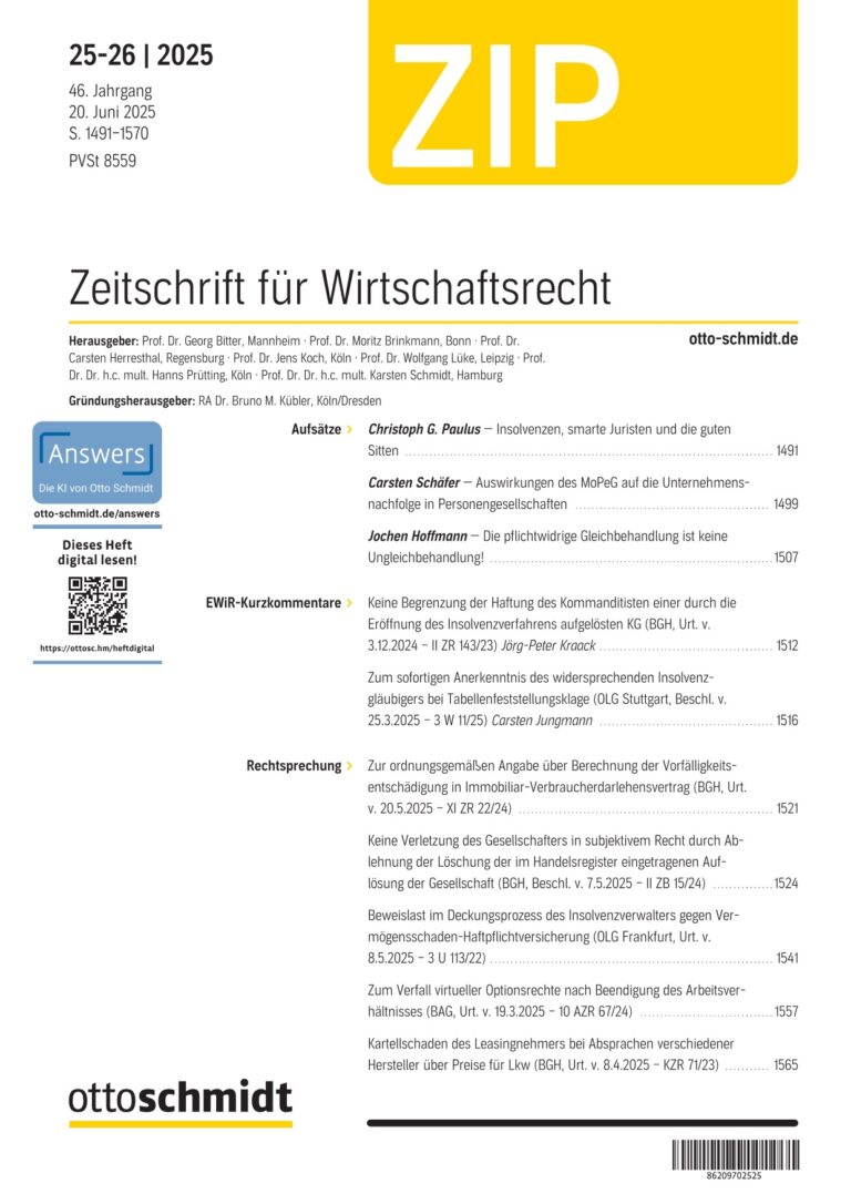 Just published: Hoffmann, Die pflichtwidrige Gleichbehandlung ist keine Ungleichbehandlung!, ZIP 2025, 1507ff.