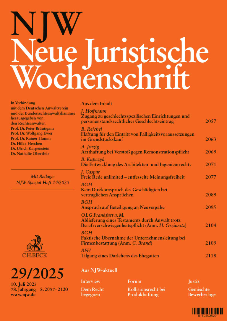 Just published: Hoffmann, Zugang zu geschlechtsspezifischen Einrichtungen und personenstandsrechtlicher Geschlechtseintrag, NJW 2025, 2057 ff.